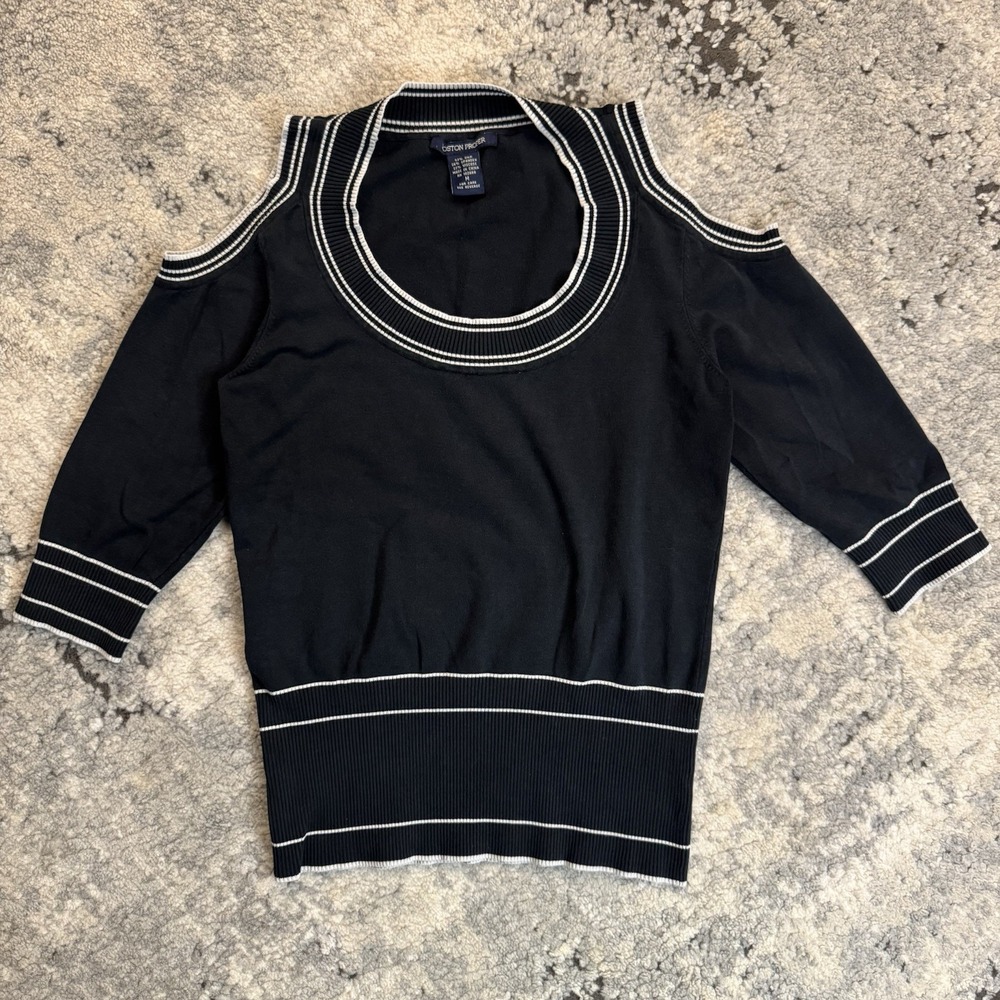 Boston Proper Silk Blend Ribbed Cold Shoulder Knit Top Black White Stripes